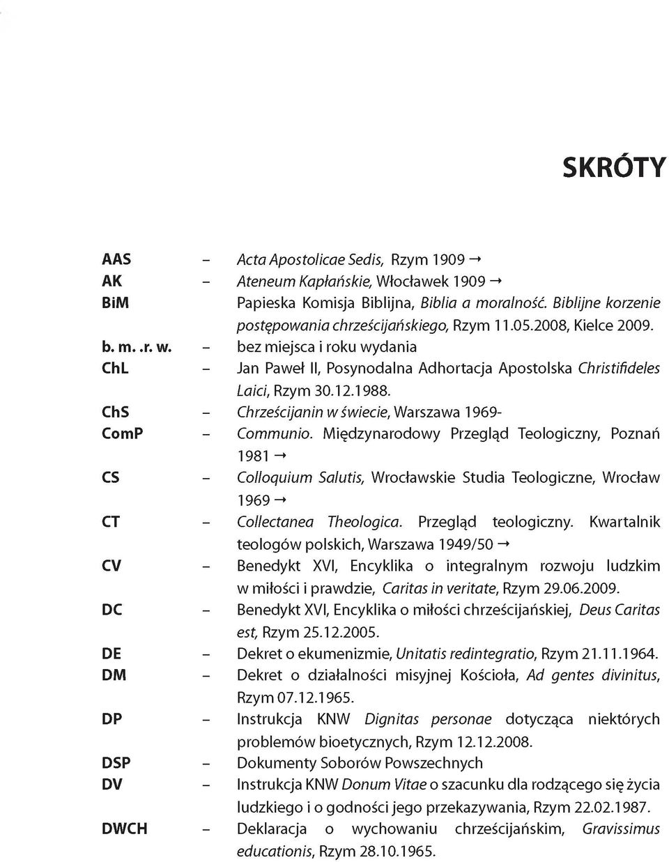 - bez miejsca i roku wydania ChL - Jan Paweł II, Posynodalna Adhortacja Apostolska Christifideles Laid, Rzym 30.12.1988. ChS - Chrześcijanin wświecie, Warszawa 1969- ComP - Communio.