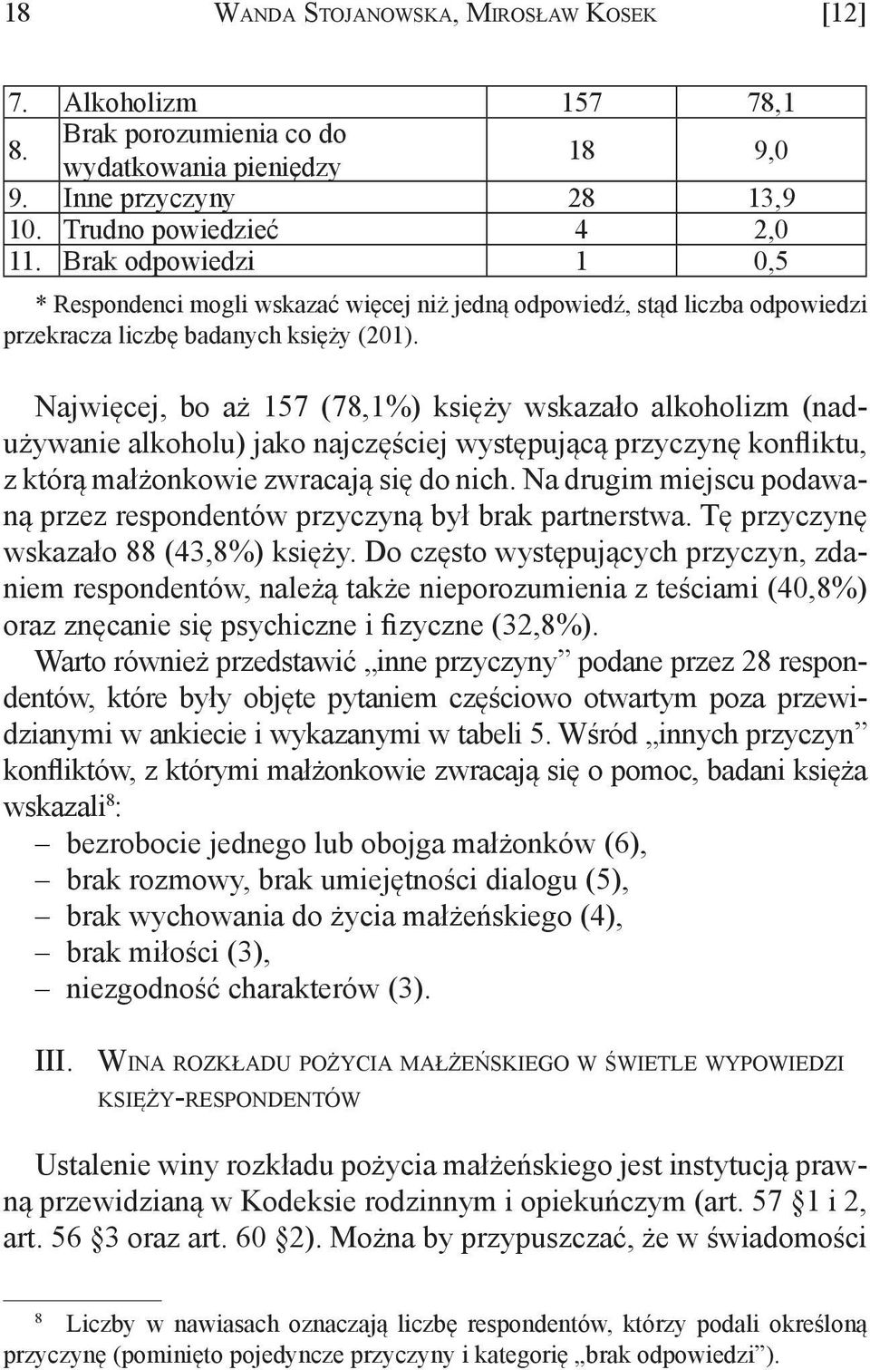 Najwięcej, bo aż 157 (78,1%) księży wskazało alkoholizm (nadużywanie alkoholu) jako najczęściej występującą przyczynę konfliktu, z którą małżonkowie zwracają się do nich.