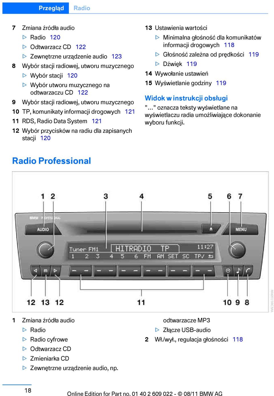 Ustawienia wartości > Minimalna głośność dla komunikatów informacji drogowych 118 > Głośność zależna od prędkości 119 > Dźwięk 119 14 Wywołanie ustawień 15 Wyświetlanie godziny 119 Widok w instrukcji