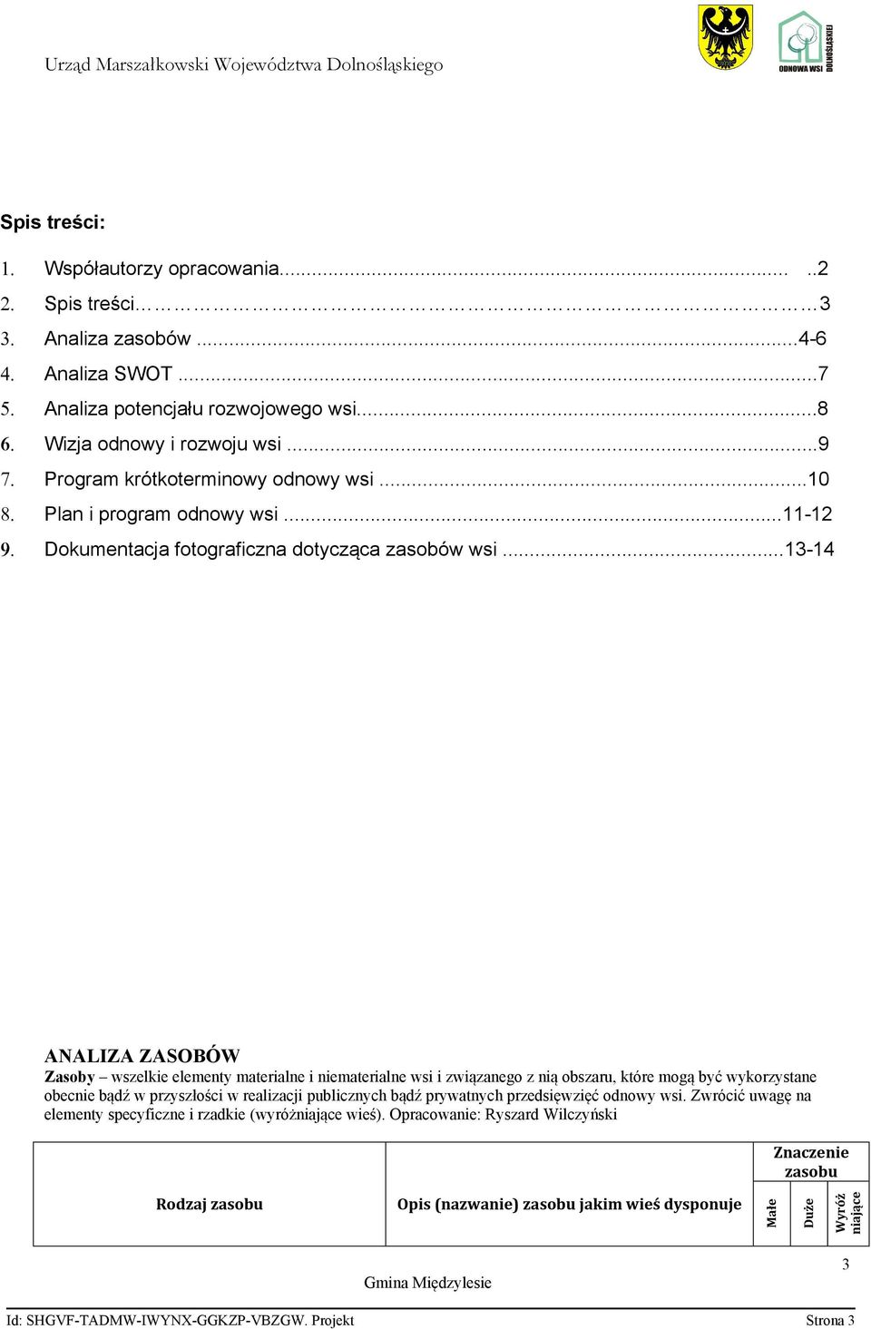 ..13-14 ANALIZA ZASOBÓW Zasoby wszelkie elementy materialne i niematerialne wsi i związanego z nią obszaru, które mogą być wykorzystane obecnie bądź w przyszłości w realizacji publicznych bądź