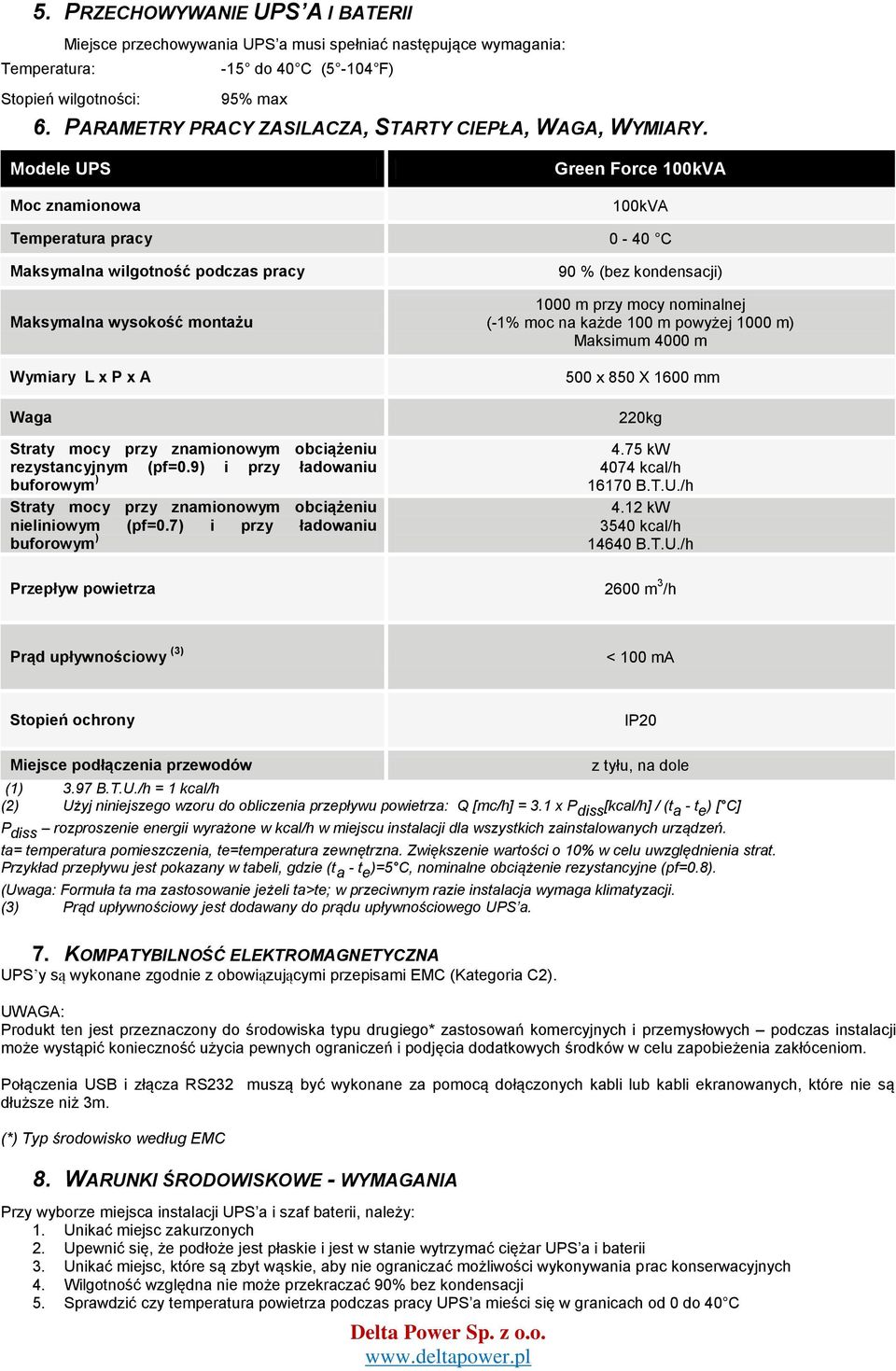 Modele UPS Moc znamionowa Green Force 100kVA 100kVA Temperatura pracy 0-40 C Maksymalna wilgotność podczas pracy Maksymalna wysokość montażu Wymiary L x P x A Waga Straty mocy przy znamionowym