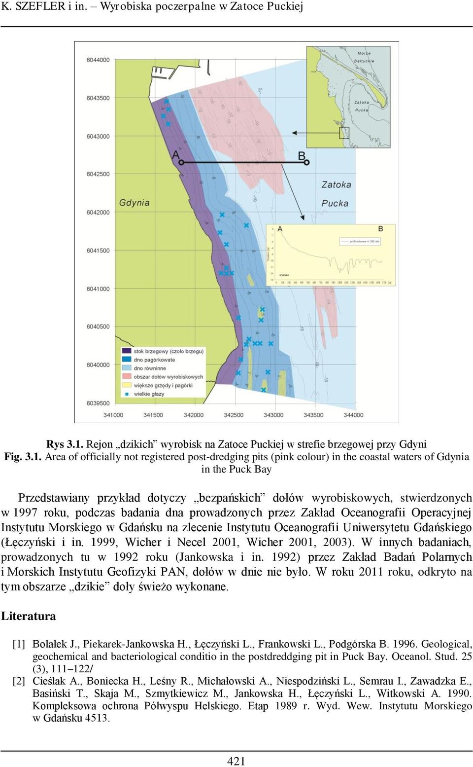 Area of officially not registered post-dredging pits (pink colour) in the coastal waters of Gdynia in the Puck Bay Przedstawiany przykład dotyczy bezpańskich dołów wyrobiskowych, stwierdzonych w 1997