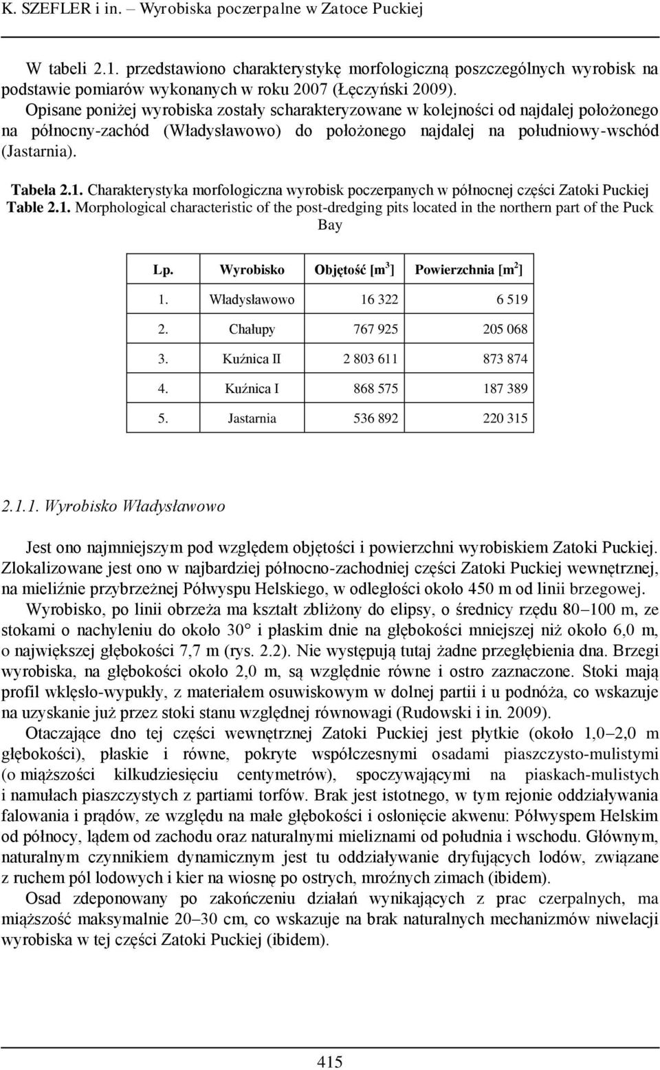 Charakterystyka morfologiczna wyrobisk poczerpanych w północnej części Zatoki Puckiej Table 2.1. Morphological characteristic of the post-dredging pits located in the northern part of the Puck Bay Lp.