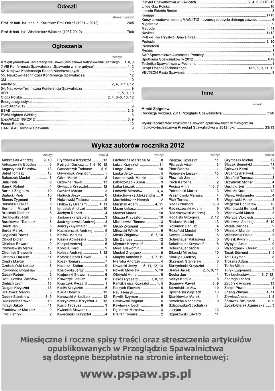 .. 2, 4, 6 10, 12 54. Naukowo-Techniczna Konferencja Spawalnicza... 9 ABB... 1, 5, 9, 10 Cloos Polska... 2, 4, 6 8, 10, 12 Energodiagnostyka...1 EuroBlach2012... 9 ESAB... 3, 5 Ewm Hightec Welding.