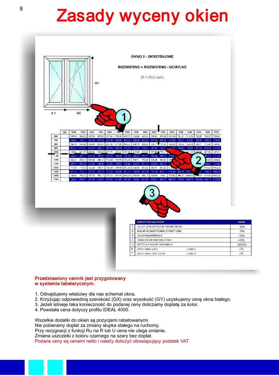 Jeżeli istnieje taka konieczność do podanej ceny doliczamy dopłatę za kolor. 4. Powstała cena dotyczy profilu IDEAL 4000.
