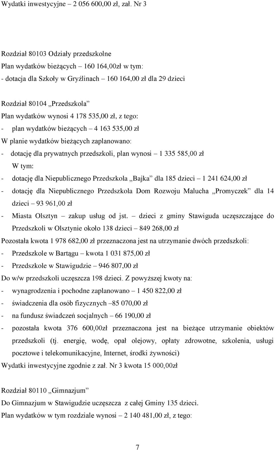 178 535,00 zł, z tego: - plan wydatków bieżących 4 163 535,00 zł W planie wydatków bieżących zaplanowano: - dotację dla prywatnych przedszkoli, plan wynosi 1 335 585,00 zł W tym: - dotację dla