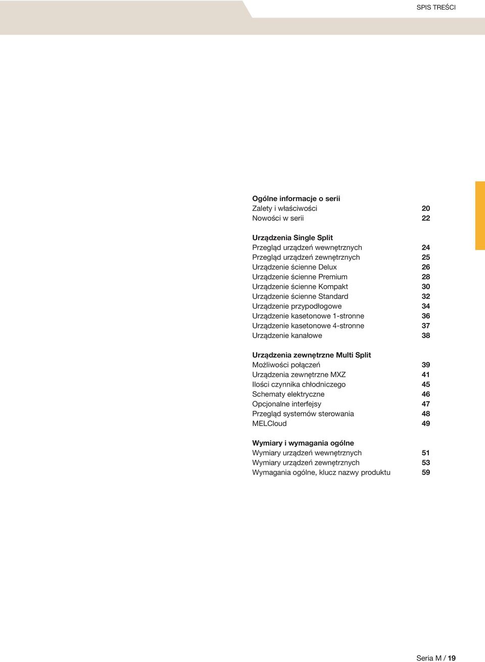 4-stronne 37 Urządzenie kanałowe 38 Urządzenia zewnętrzne Multi Split Możliwości połączeń 39 Urządzenia zewnętrzne MXZ 41 Ilości czynnika chłodniczego 45 Schematy elektryczne 46 Opcjonalne