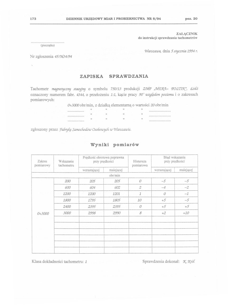 zg~dempoziomu i o zakresach pomiarowych: O+3OO0obr/min, z dzialka elementarna o wartosci 20obr/min... " " " "... " " " ".... " " " " """""""". zgloszony przez!