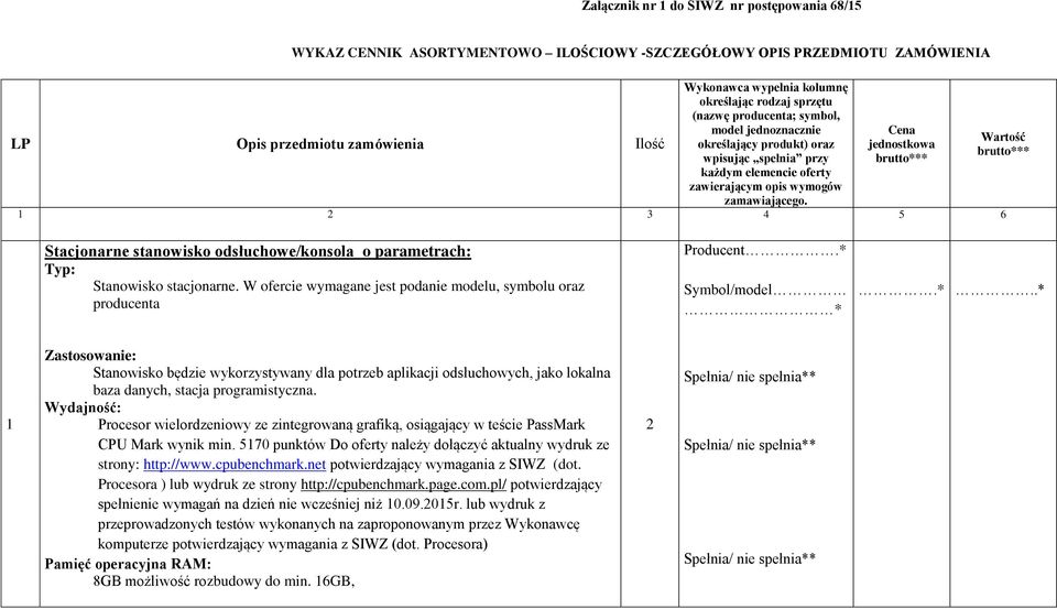 Cena jednostkowa brutto*** 1 2 3 4 5 6 Wartość brutto*** Stacjonarne stanowisko odsłuchowe/konsola o parametrach: Typ: Stanowisko stacjonarne.