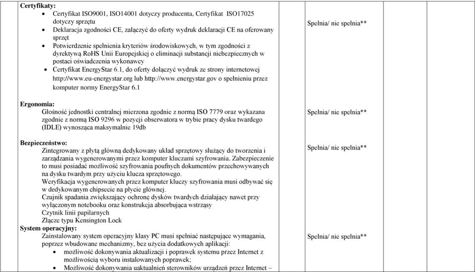 1, do oferty dołączyć wydruk ze strony internetowej http://www.eu-energystar.org lub http://www.energystar.gov o spełnieniu przez komputer normy EnergyStar 6.