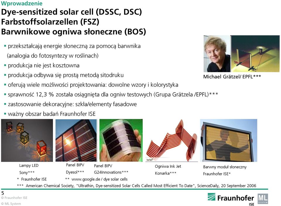 testowych (Grupa Grätzela /EPFL)*** zastosowanie dekoracyjne: szkła/elementy fasadowe ważny obszar badań Fraunhofer ISE Michael Grätzel/ EPFL*** 5 Lampy LED Panel BIPV Panel BIPV Ogniwa Ink Jet