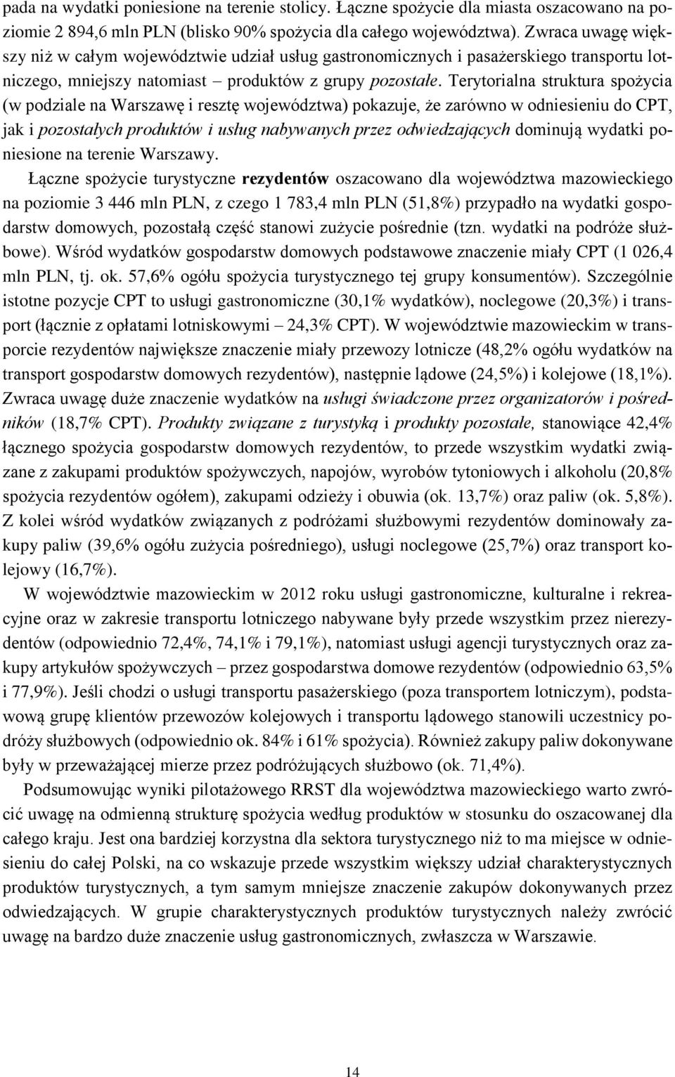 Terytorialna struktura spożycia (w podziale na Warszawę i resztę województwa) pokazuje, że zarówno w odniesieniu do CPT, jak i pozostałych produktów i usług nabywanych przez odwiedzających dominują