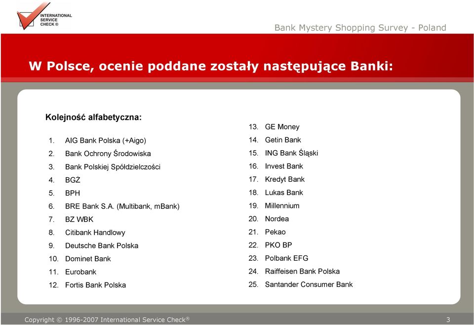 Deutsche Bank Polska 10. Dominet Bank 11. Eurobank 12. Fortis Bank Polska 13. GE Money 14. Getin Bank 15. ING Bank Śląski 16. Invest Bank 17.