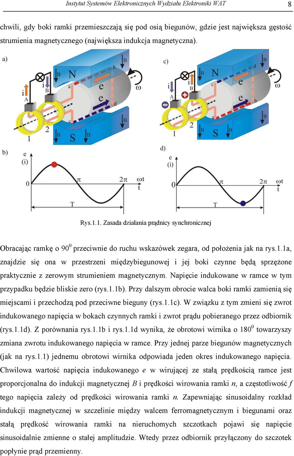 Napięcie indukowane w ramce w tym przypadku będzie bliskie zero (rys.1.1b). Przy dalszym obrocie walca boki ramki zamienią się miejscami i przechodzą pod przeciwne bieguny (rys.1.1c).