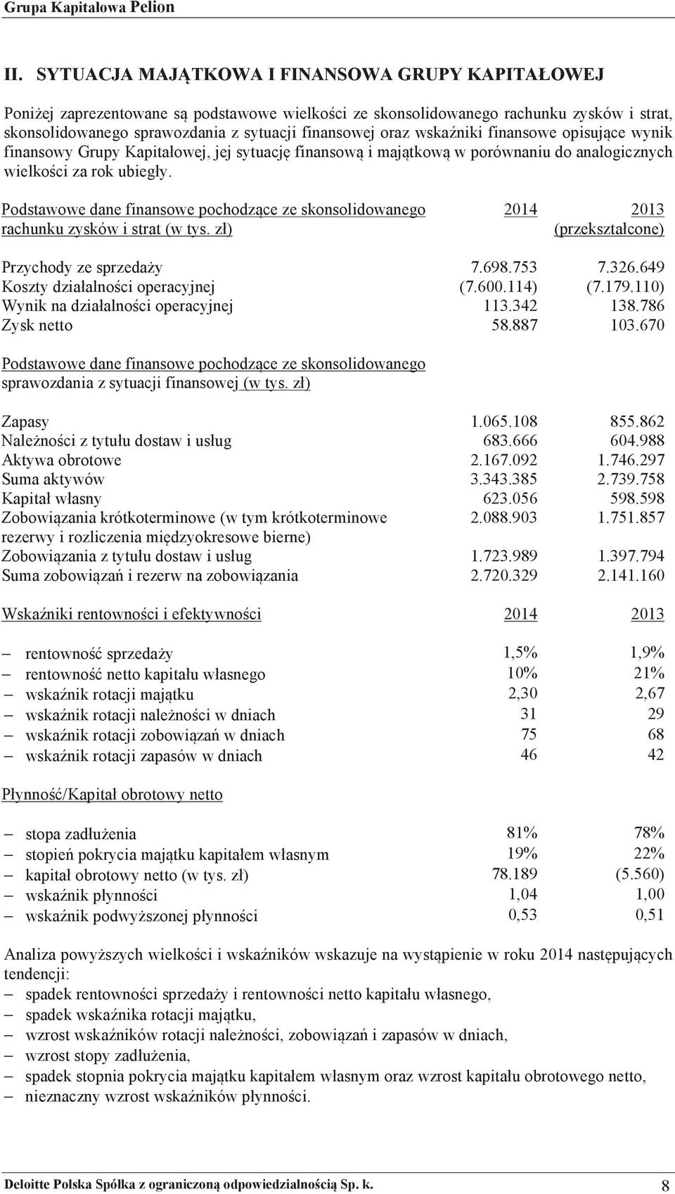 finansowe!pochodzce!ze!skonsolidowanego! rachunku!zysków!i!strat!(w!tys.!z )! 2014 2013! (przekszta cone) Przychody!ze!sprzeday! 7.698.753 7.326.649 Koszty!dzia alnoci!operacyjnej! (7.600.114) (7.179.