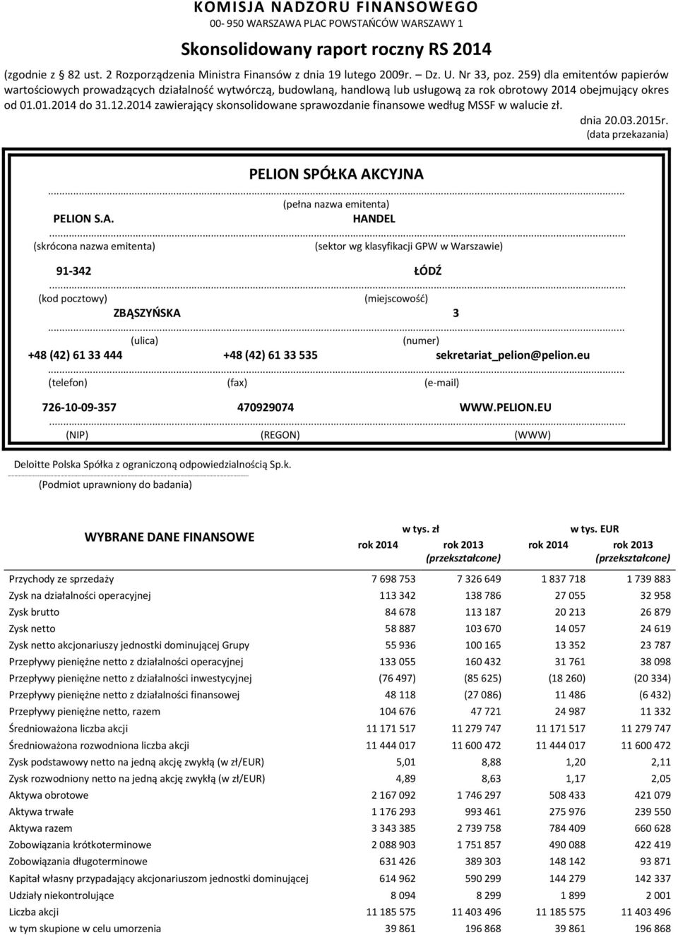 2014 zawierający skonsolidowane sprawozdanie finansowe według MSSF w walucie zł. dnia 20.03.2015r. (data przekazania) PELION SPÓŁKA AKCYJNA... (pełna nazwa emitenta) PELION S.A. HANDEL.