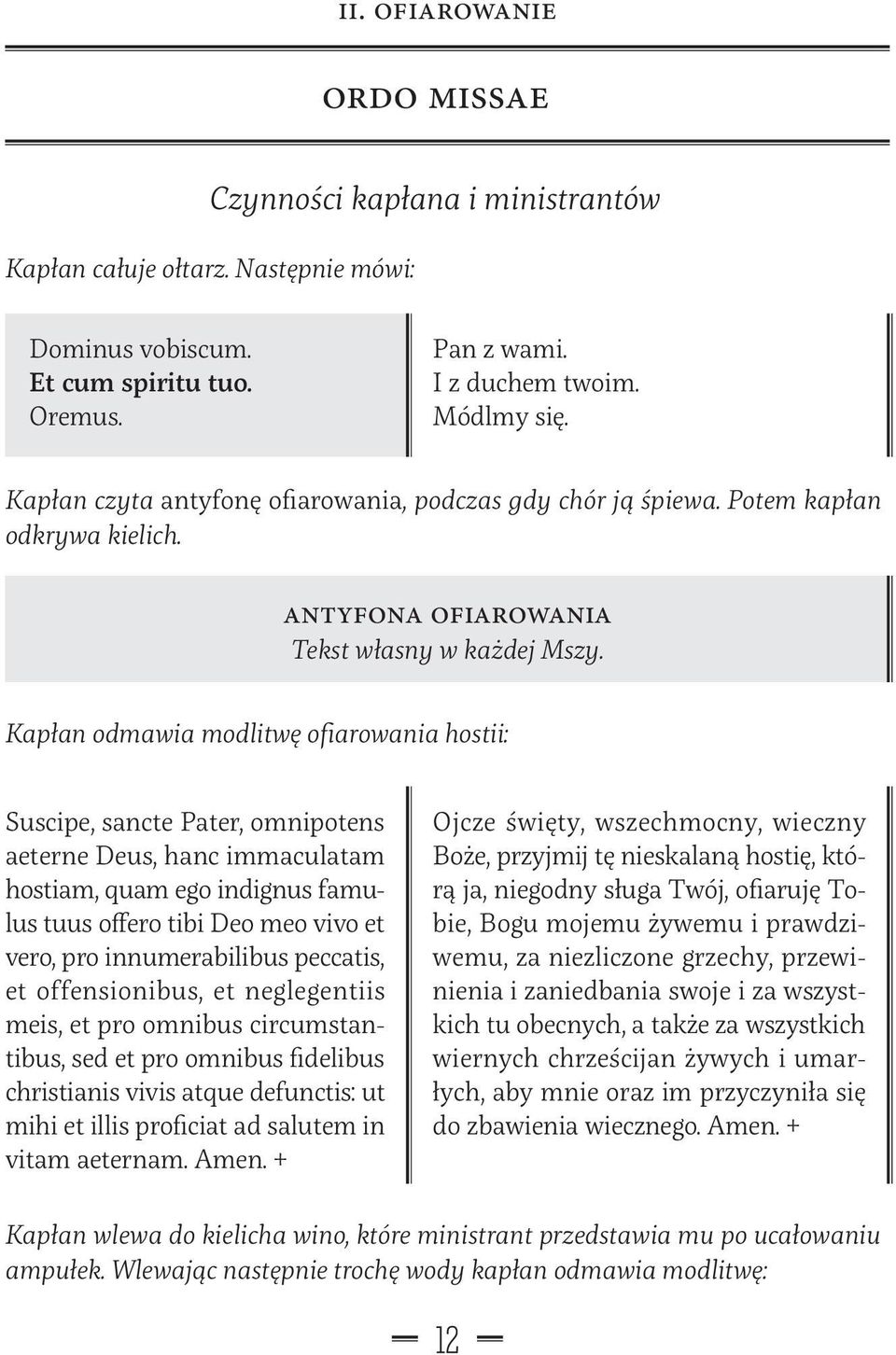 Kapłan odmawia modlitwę ofiarowania hostii: Suscipe, sancte Pater, omnipotens ae ter ne Deus, hanc immaculatam hostiam, quam ego indignus famulus tu us offero tibi Deo meo vivo et vero, pro