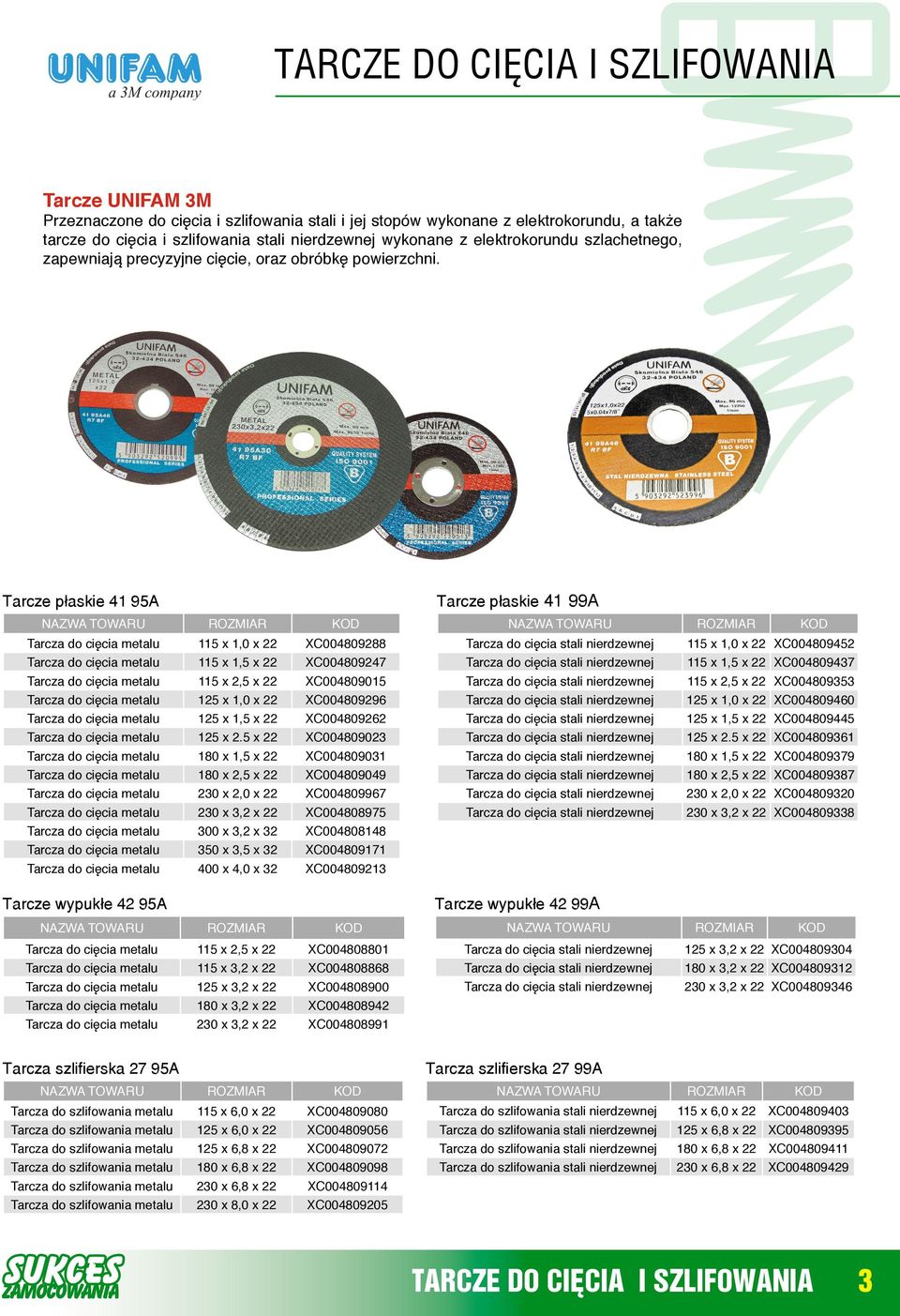 Tarcze płaskie 41 95A ROZMIAR KOD Tarcza do cięcia metalu 115 x 1,0 x 22 XC004809288 Tarcza do cięcia metalu 115 x 1,5 x 22 XC004809247 Tarcza do cięcia metalu 115 x 2,5 x 22 XC004809015 Tarcza do