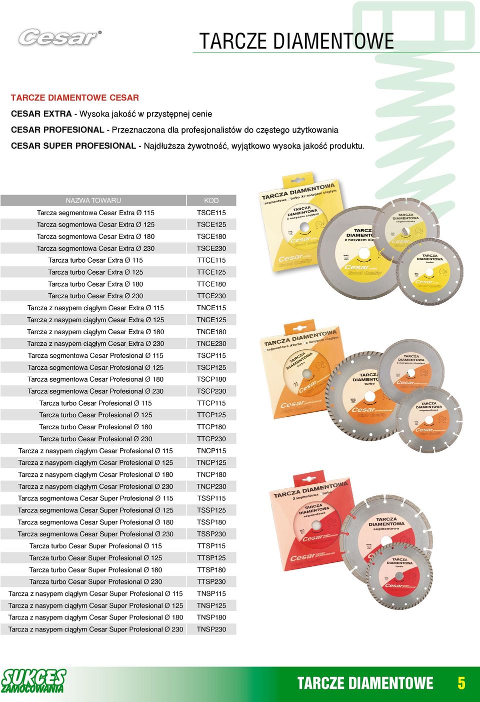 Kod Tarcza segmentowa Cesar Extra Ø 115 TSCE115 Tarcza segmentowa Cesar Extra Ø 125 TSCE125 Tarcza segmentowa Cesar Extra Ø 180 TSCE180 Tarcza segmentowa Cesar Extra Ø 230 TSCE230 Tarcza turbo Cesar