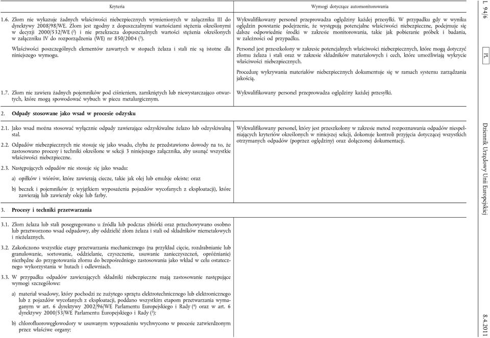 850/2004 ( 3 ). Właściwości poszczególnych elementów zawartych w stopach żelaza i stali nie są istotne dla niniejszego wymogu. 1.7.