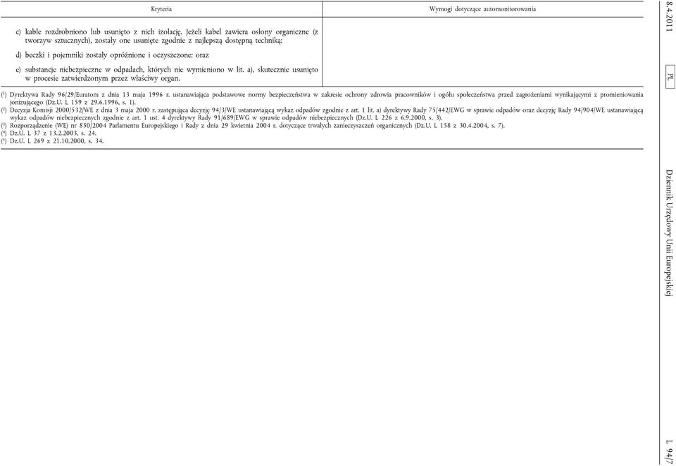 niebezpieczne w odpadach, których nie wymieniono w lit. a), skutecznie usunięto w procesie zatwierdzonym przez właściwy organ. ( 1 ) Dyrektywa Rady 96/29/Euratom z dnia 13 maja 1996 r.