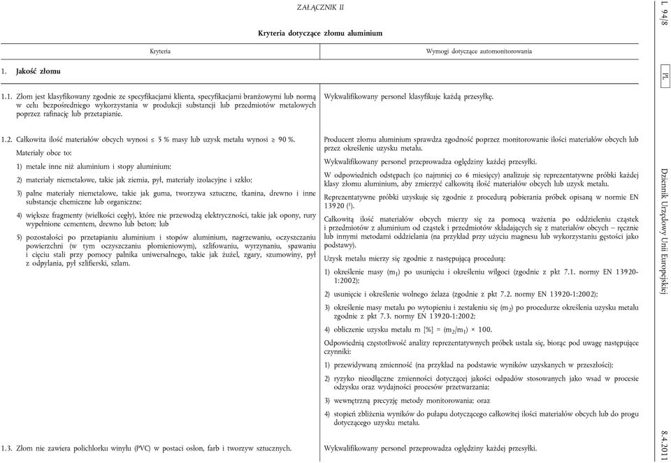 Materiały obce to: 1) metale inne niż aluminium i stopy aluminium; 2) materiały niemetalowe, takie jak ziemia, pył, materiały izolacyjne i szkło; 3) palne materiały niemetalowe, takie jak guma,