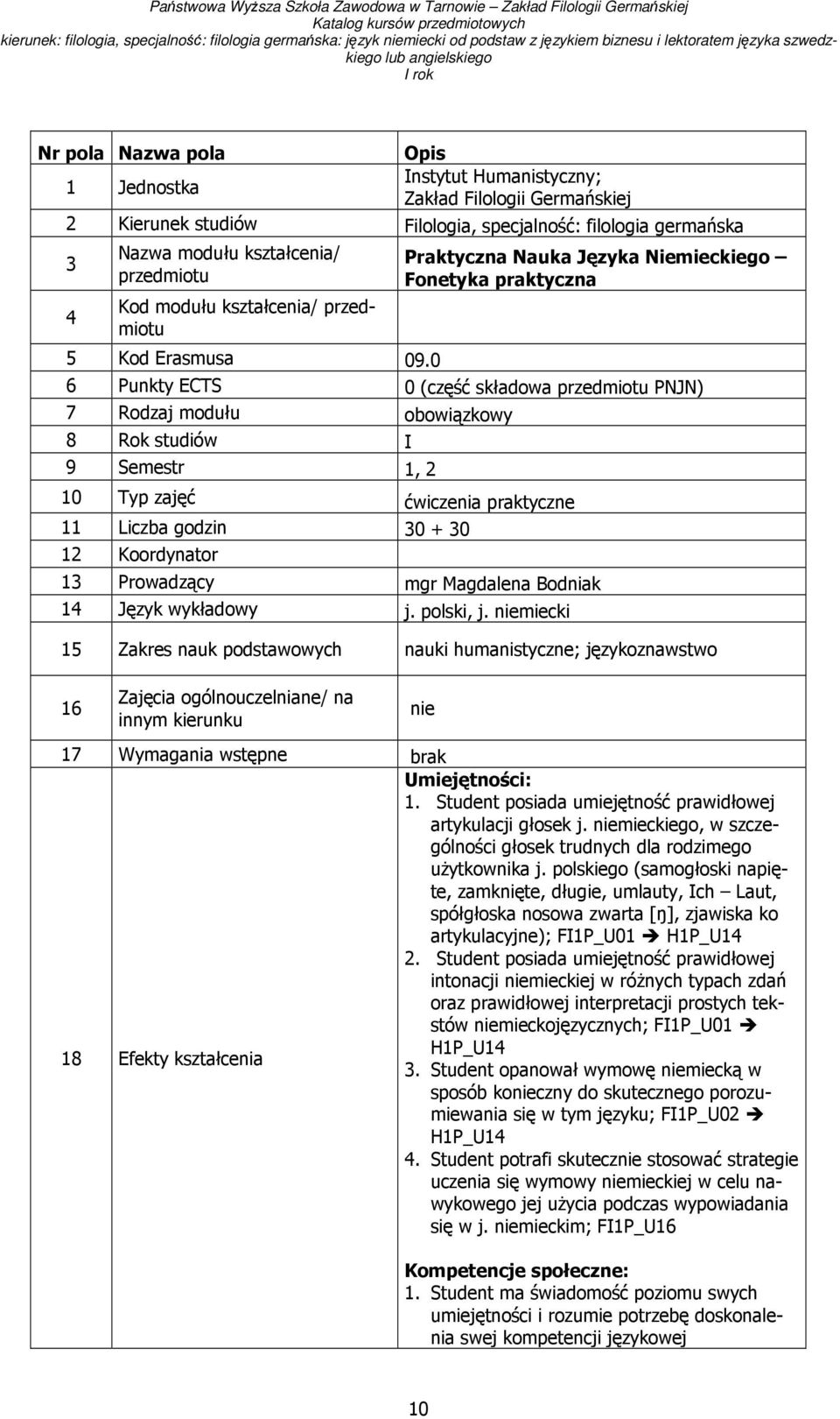 0 6 Punkty ECTS 0 (część składowa przedmiotu PNJN) 7 Rodzaj modułu obowiązkowy 8 Rok studiów I 9 Semestr 1, 2 10 Typ zajęć ćwiczenia praktyczne 11 Liczba godzin 30 + 30 12 Koordynator 13 Prowadzący