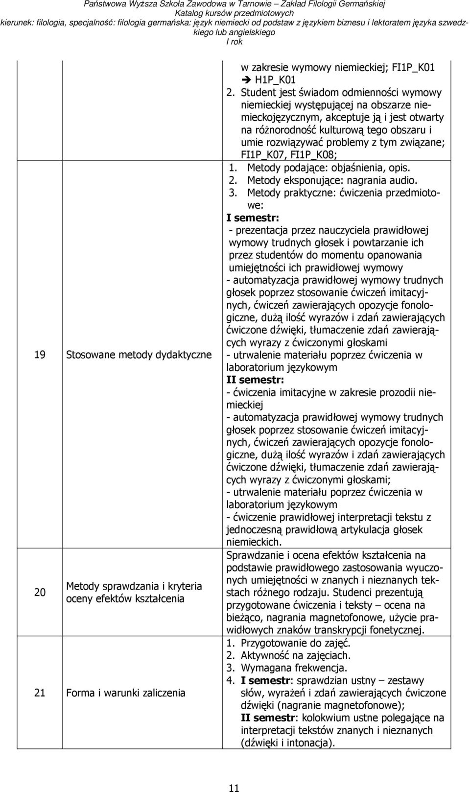 związane; FI1P_K07, FI1P_K08; 1. Metody podające: objaśnienia, opis. 2. Metody eksponujące: nagrania audio. 3.