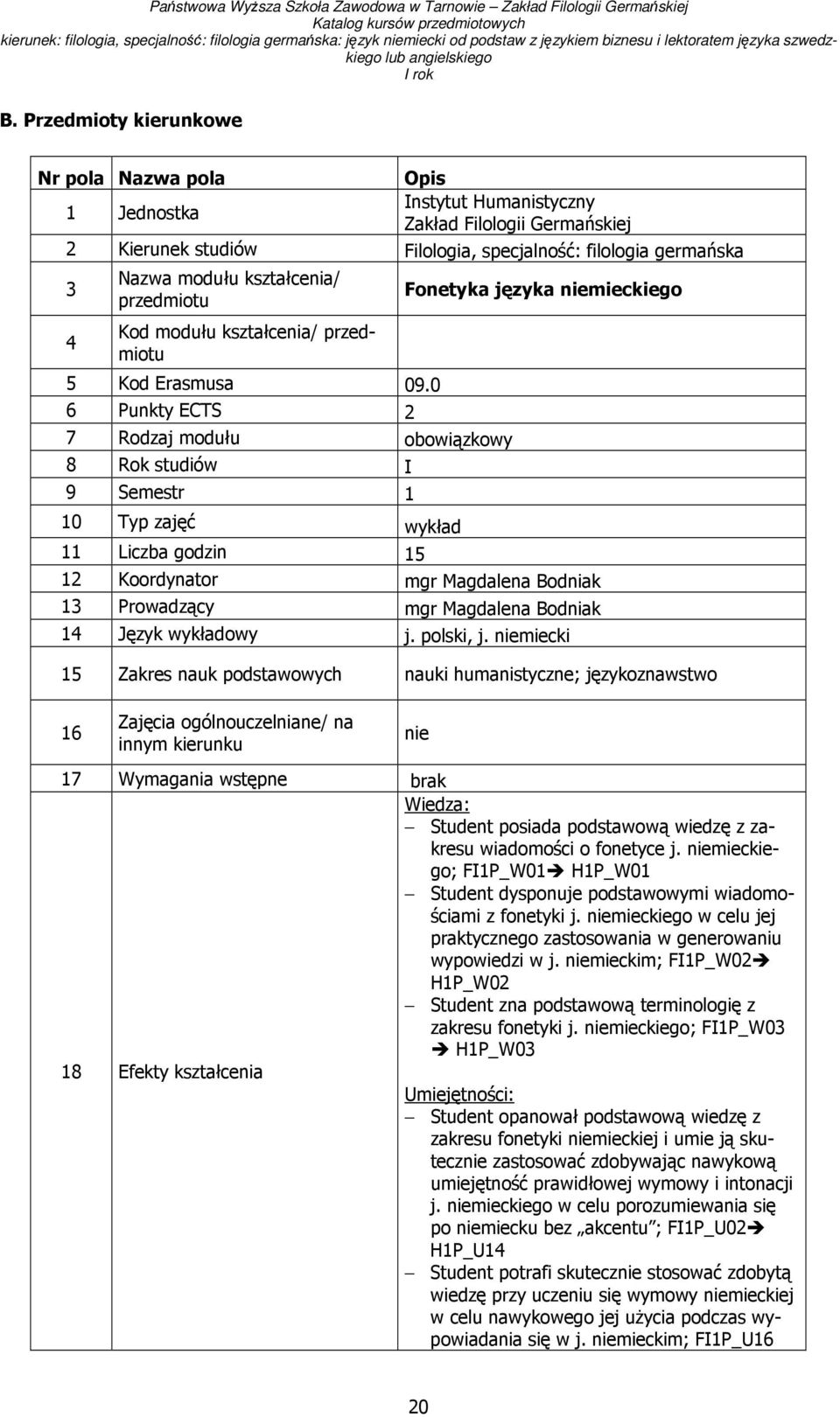 0 6 Punkty ECTS 2 7 Rodzaj modułu obowiązkowy 8 Rok studiów I 9 Semestr 1 10 Typ zajęć wykład Fonetyka języka niemieckiego 11 Liczba godzin 15 12 Koordynator mgr Magdalena Bodniak 13 Prowadzący mgr