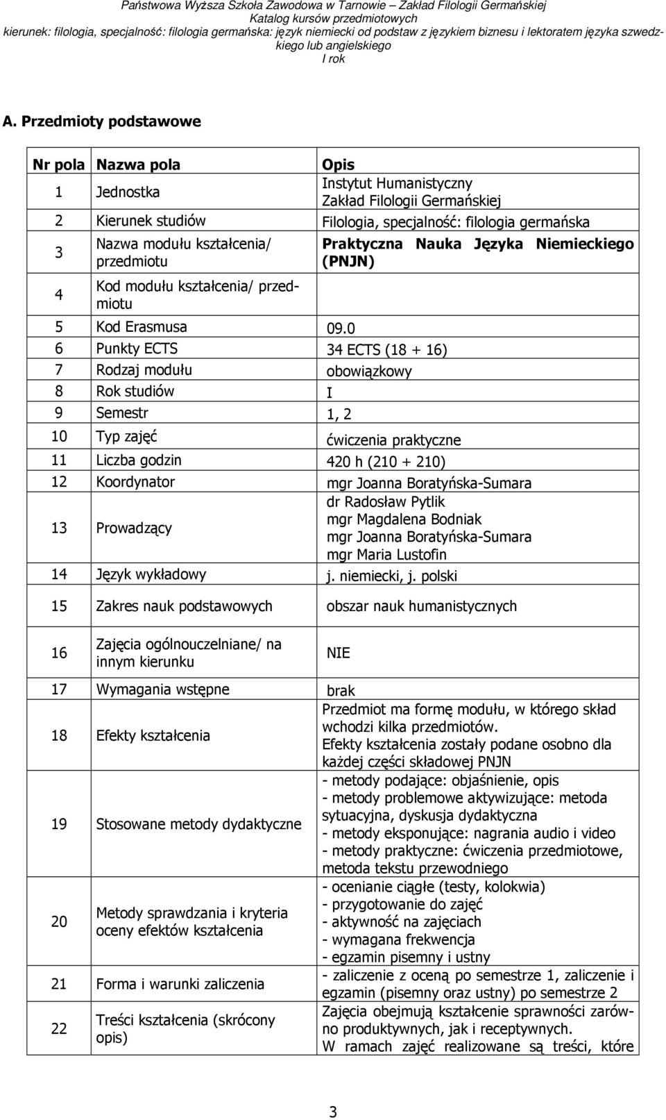 0 6 Punkty ECTS 34 ECTS (18 + 16) 7 Rodzaj modułu obowiązkowy 8 Rok studiów I 9 Semestr 1, 2 10 Typ zajęć ćwiczenia praktyczne 11 Liczba godzin 420 h (210 + 210) Praktyczna Nauka Języka Niemieckiego