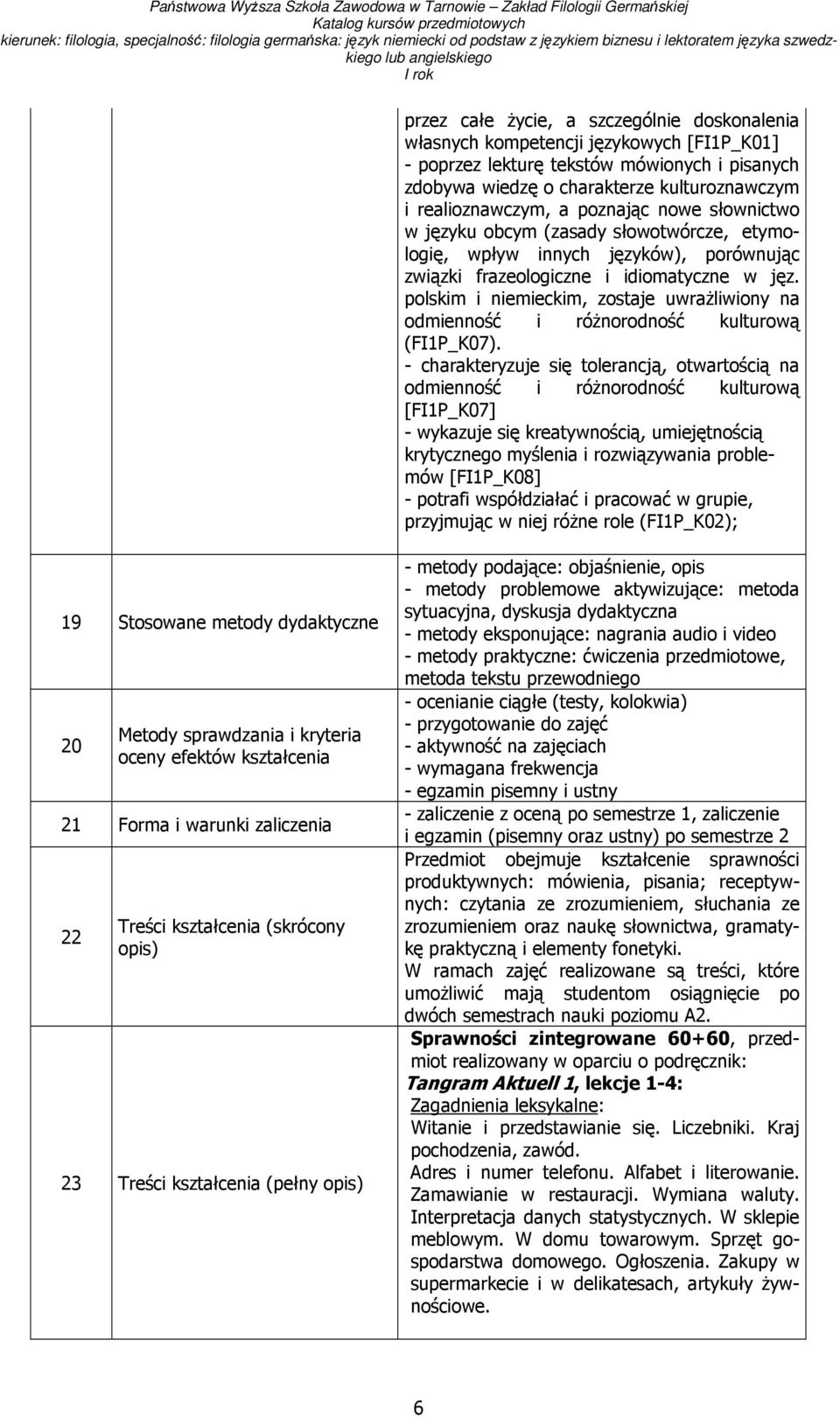 polskim i niemieckim, zostaje uwraŝliwiony na odmienność i róŝnorodność kulturową (FI1P_K07).