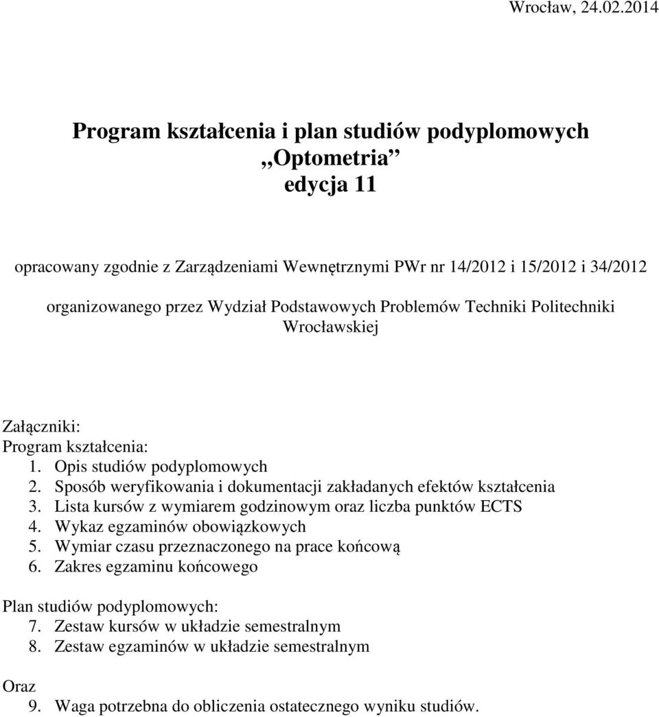 Podstawowych Problemów Techniki Politechniki Wrocławskiej Załączniki: Program kształcenia: 1. Opis studiów podyplomowych 2.