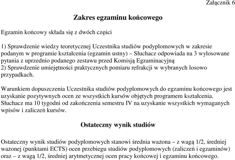 Warunkiem dopuszczenia Uczestnika studiów podyplomowych do egzaminu końcowego jest uzyskanie pozytywnych ocen ze wszystkich kursów objętych programem kształcenia.