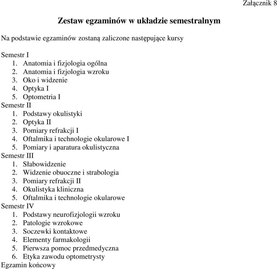 Oftalmika i technologie okularowe I 5. Pomiary i aparatura okulistyczna Semestr III 1. Słabowidzenie 2. Widzenie obuoczne i strabologia 3. Pomiary refrakcji II 4.