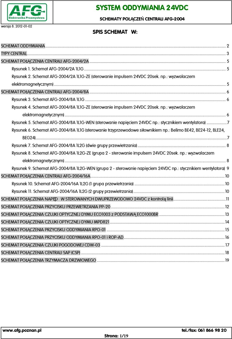 Schemat AFG-2004/8A 1L1G-ZE (sterowanie impulsem 24VDC 20sek. np.: wyzwalaczem elektromagnetycznym)... 6 Rysunek 5. Schemat AFG-2004/8A 1L1G-WEN (sterowanie napięciem 24VDC np.