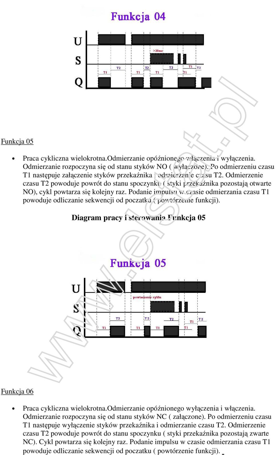 Odmierzenie czasu T2 powoduje powrót do stanu spoczynku ( styki przekaźnika pozostają otwarte NO), cykl powtarza się kolejny raz.