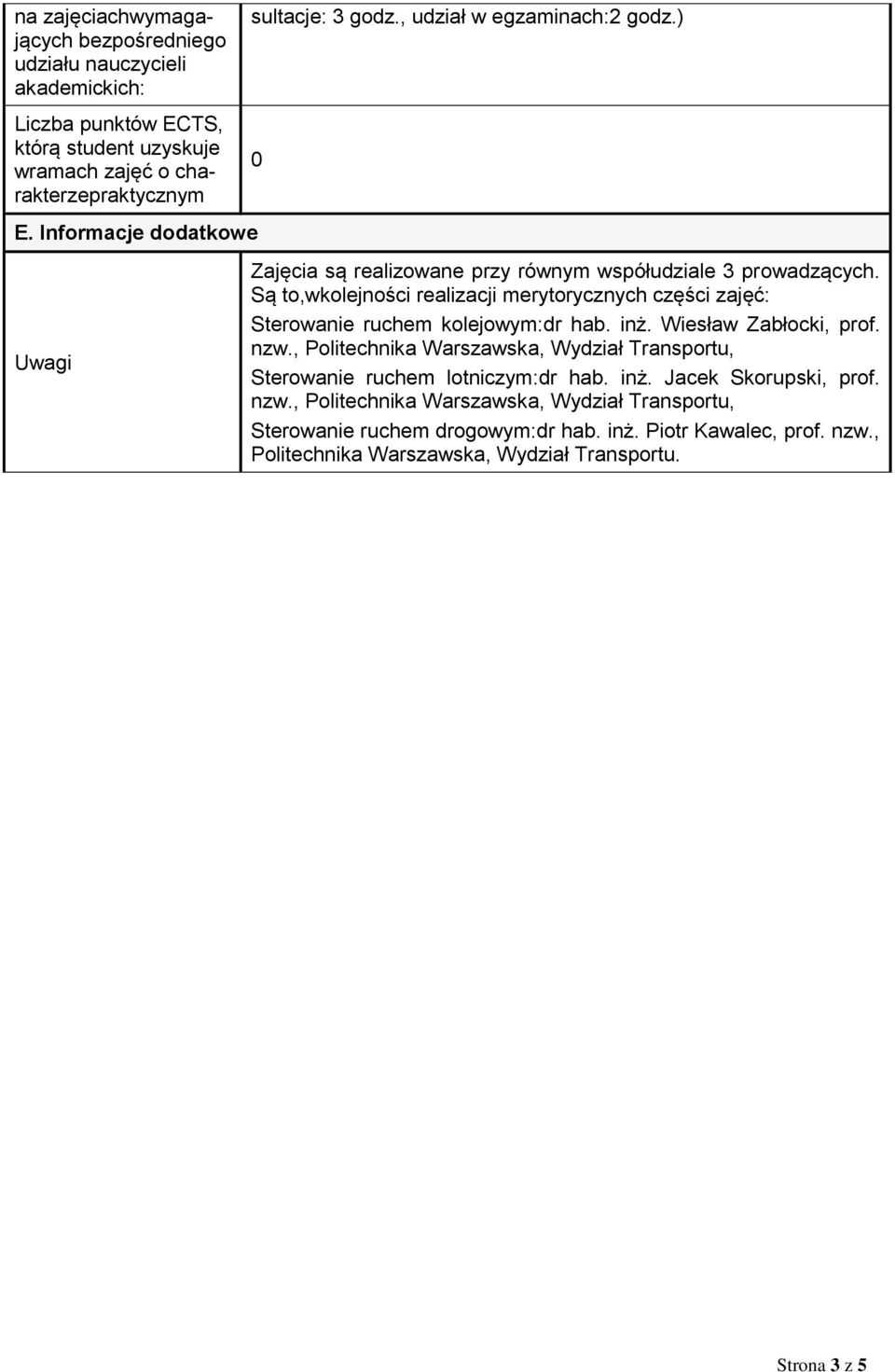 Są to,wkolejności realizacji merytorycznych części zajęć: Sterowanie ruchem kolejowym:dr hab. inż. Wiesław Zabłocki, prof. nzw.