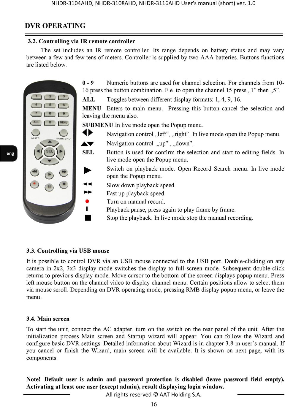 0-9 Numeric buttons are used for channel selection. For channels from 10-16 press the button combination. F.e. to open the channel 15 press 1 then 5.