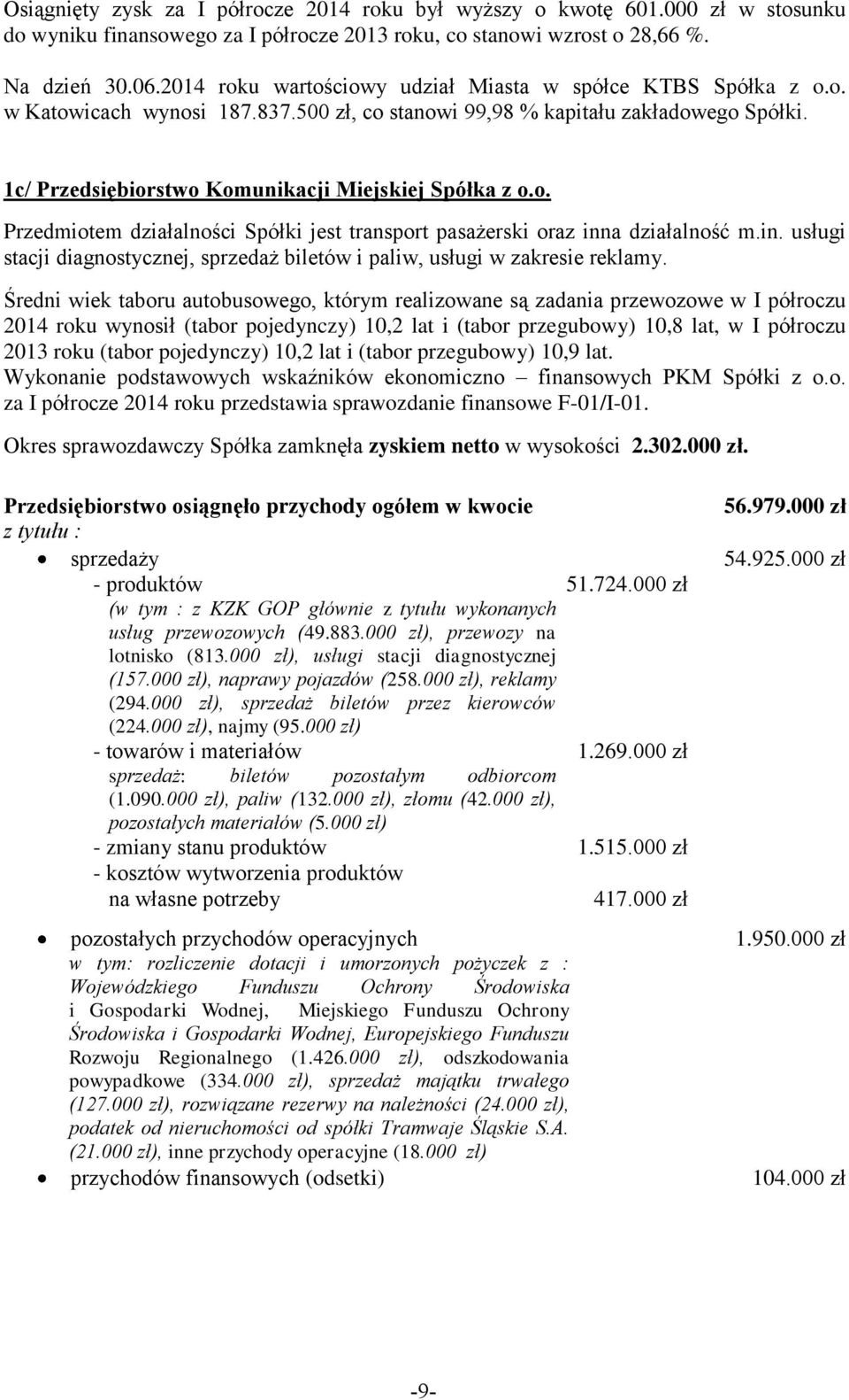 1c/ Przedsiębiorstwo Komunikacji Miejskiej Spółka z o.o. Przedmiotem działalności Spółki jest transport pasażerski oraz inn