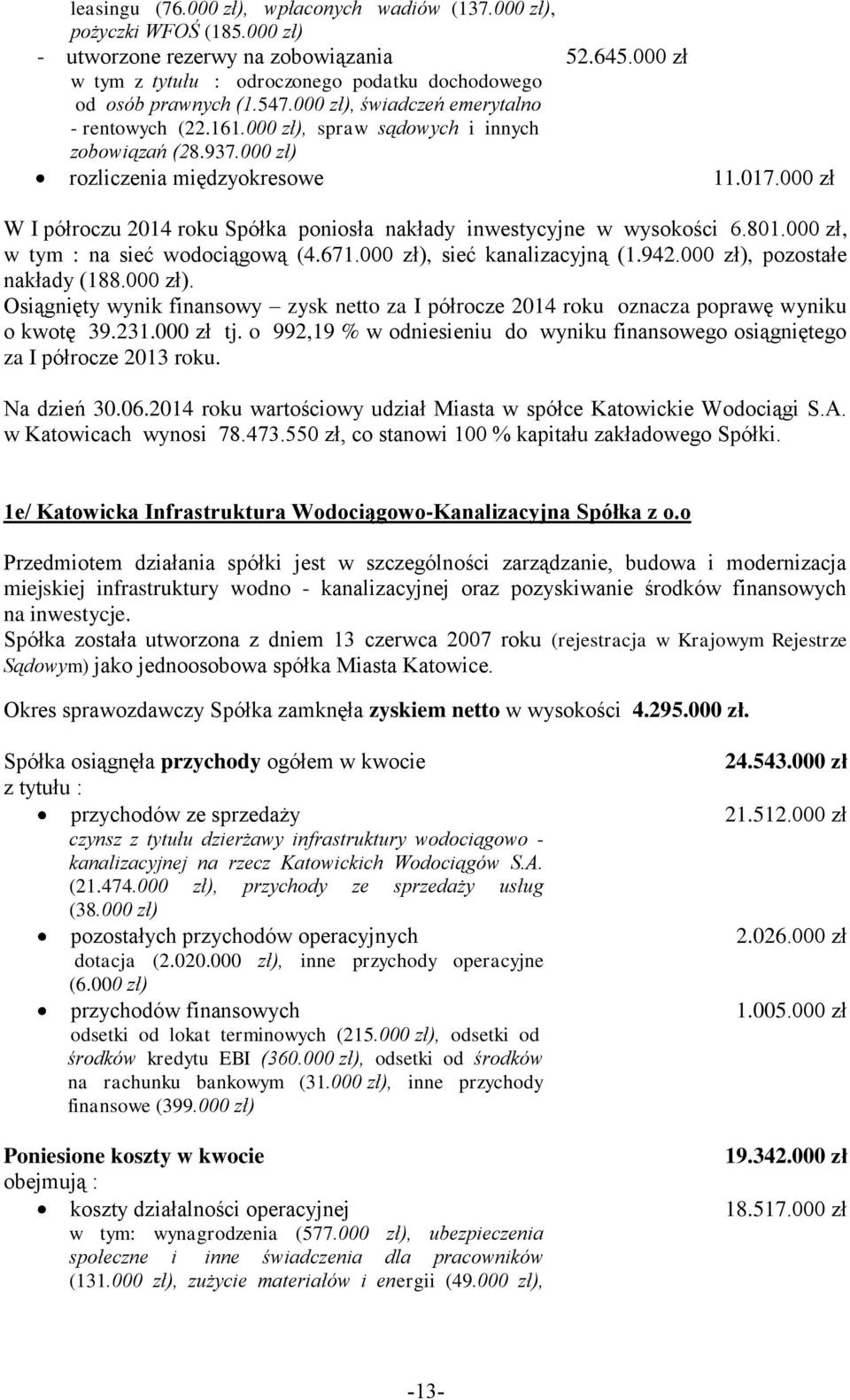 000 zł W I półroczu 2014 roku Spółka poniosła nakłady inwestycyjne w wysokości 6.801.000 zł, w tym : na sieć wodociągową (4.671.000 zł), sieć kanalizacyjną (1.942.000 zł), pozostałe nakłady (188.