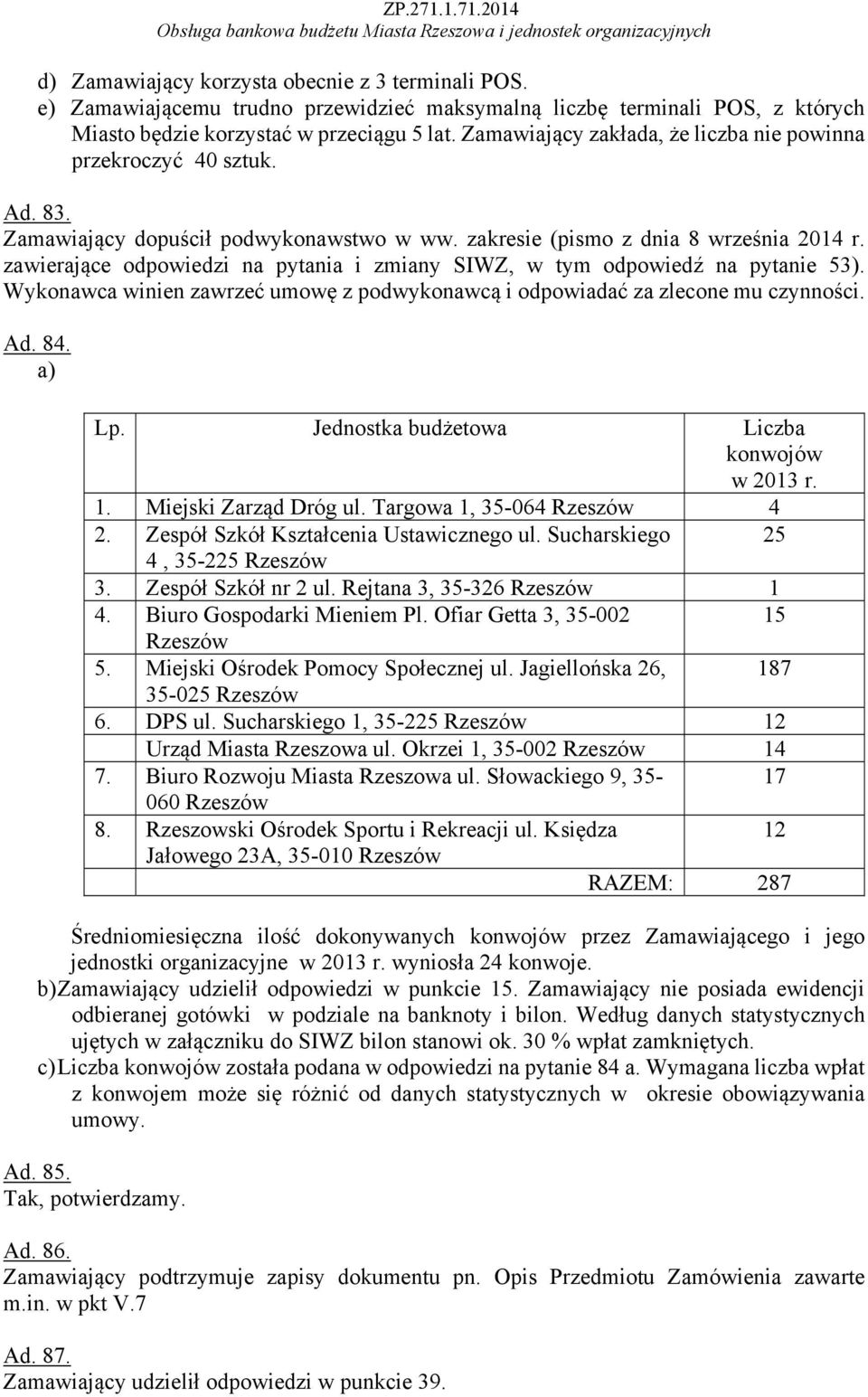 zawierające odpowiedzi na pytania i zmiany SIWZ, w tym odpowiedź na pytanie 53). Wykonawca winien zawrzeć umowę z podwykonawcą i odpowiadać za zlecone mu czynności. Ad. 84. a) Lp.