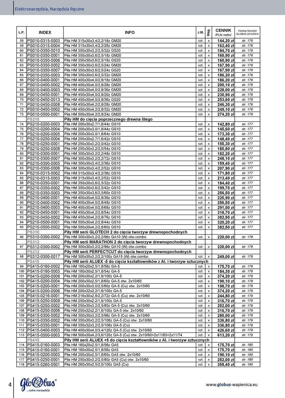 x 184,70 zł 61 PS010 0350 0001 Piła HM 350x30x3,6/2,5/18z GM20 szt. x 160,90 zł 62 PS010 0350 0006 Piła HM 350x30x3,6/2,5/18z GS20 szt.