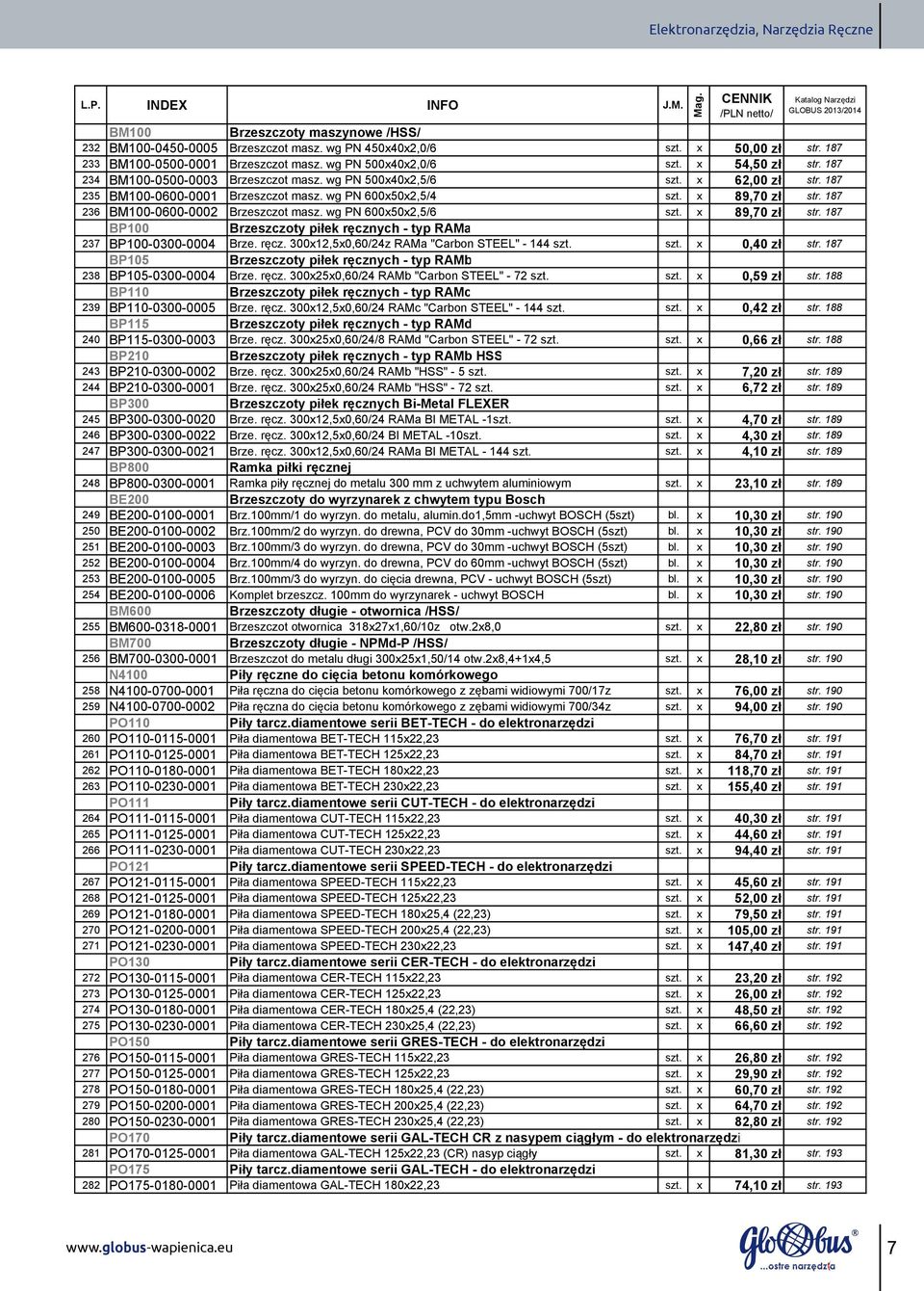 x 62,00 zł 235 BM100 0600 0001 Brzeszczot masz. wg PN 600x50x2,5/4 szt. x 89,70 zł 236 BM100 0600 0002 Brzeszczot masz. wg PN 600x50x2,5/6 szt.