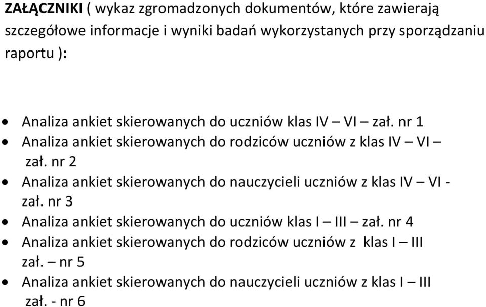 nr 2 Analiza ankiet skierowanych do nauczycieli uczniów z klas IV VI - zał. nr 3 Analiza ankiet skierowanych do uczniów klas I III zał.