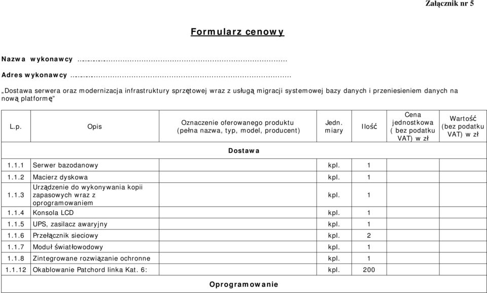 miary Ilo Cena jednostkowa ( bez podatku VAT) w z Warto (bez podatku VAT) w z Dostawa 1.1.1 Serwer bazodanowy kpl. 1 1.1.2 Macierz dyskowa kpl. 1 1.1.3 Urz dzenie do wykonywania kopii zapasowych wraz z oprogramowaniem kpl.