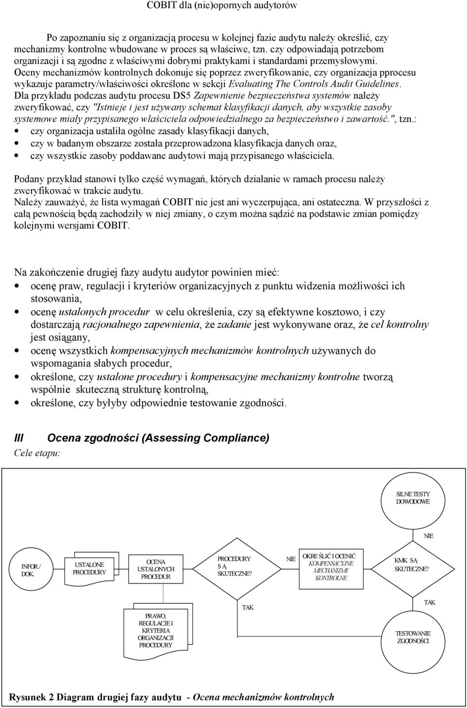 Oceny mechanizmów kontrolnych dokonuje się poprzez zweryfikowanie, czy organizacja pprocesu wykazuje parametry/właściwości określone w sekcji Evaluating The Controls Audit Guidelines.