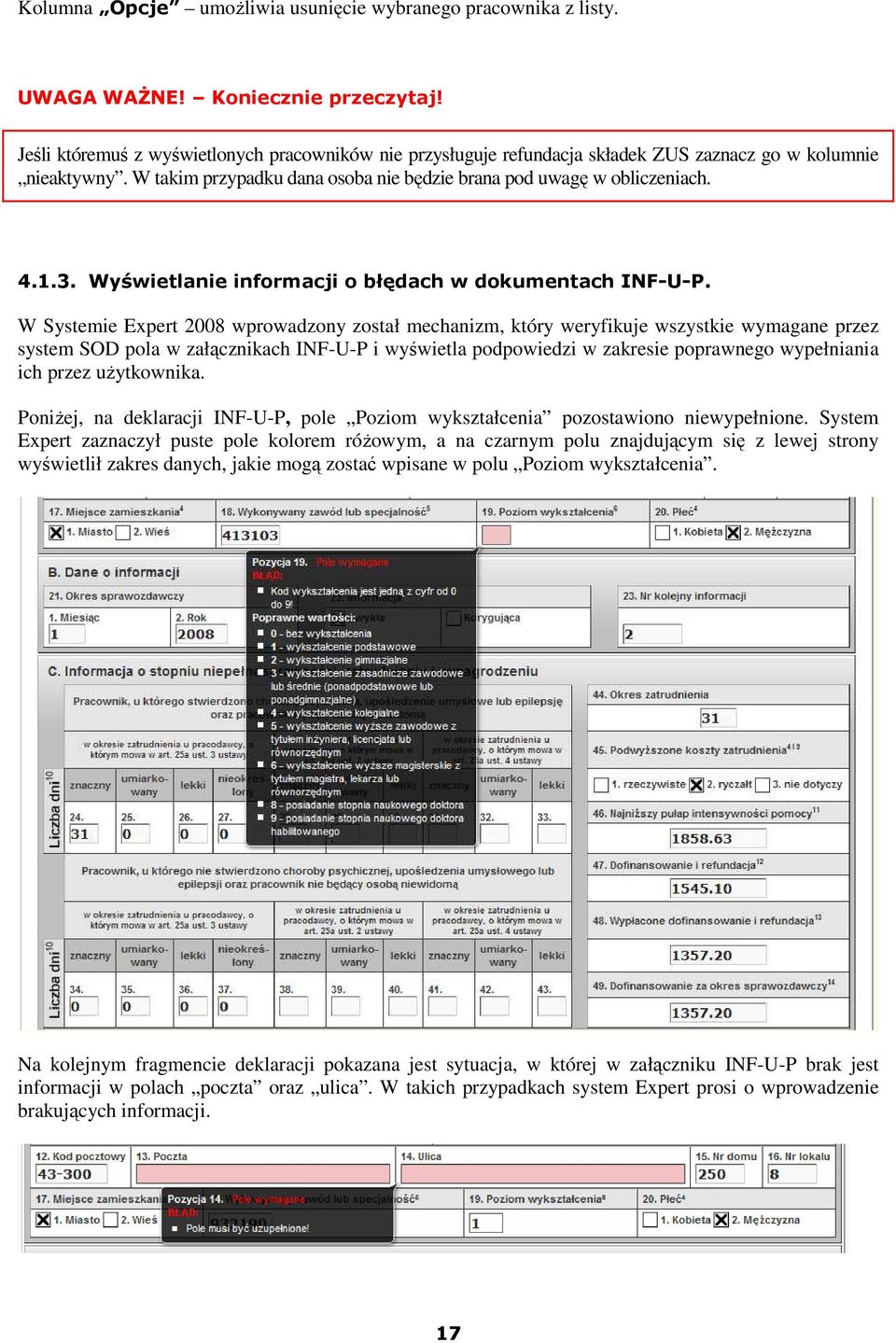 Wyświetlanie informacji o błędach w dokumentach INF-U-P.