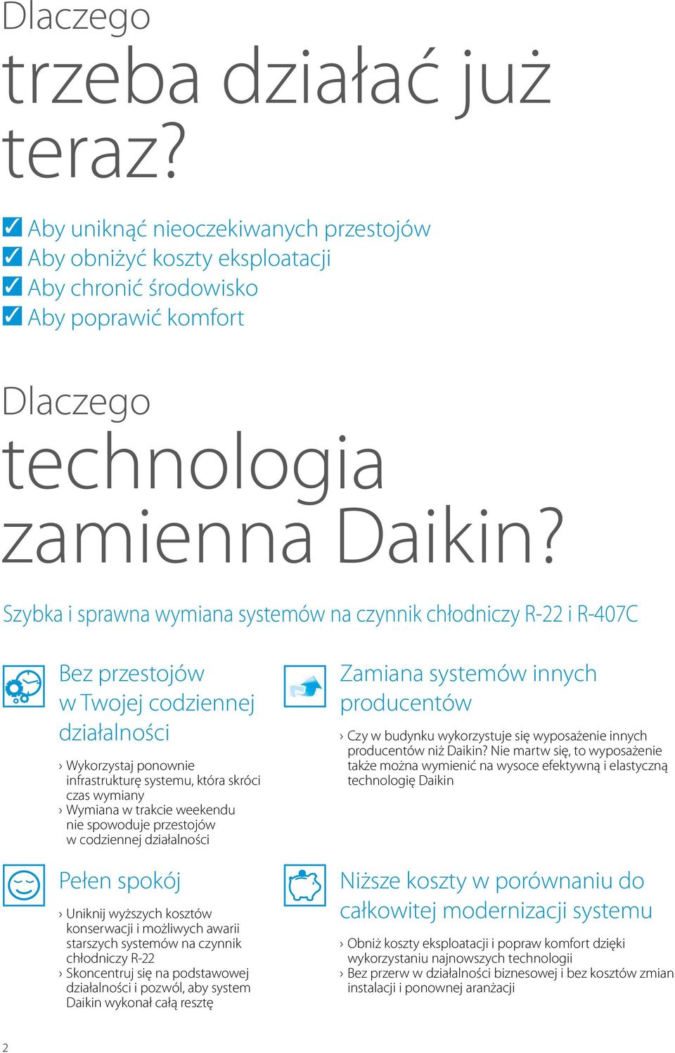 trakcie weekendu nie spowoduje przestojów w codziennej działalności Pełen spokój Uniknij wyższych kosztów konserwacji i możliwych awarii starszych systemów na czynnik chłodniczy R-22 Skoncentruj się