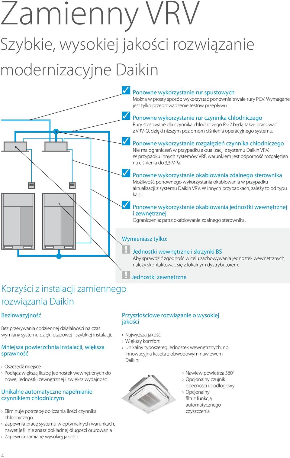 Ponowne wykorzystanie rur czynnika chłodniczego Rury stosowane dla czynnika chłodniczego R-22 będą także pracować z VRV-Q, dzięki niższym poziomom ciśnienia operacyjnego systemu.