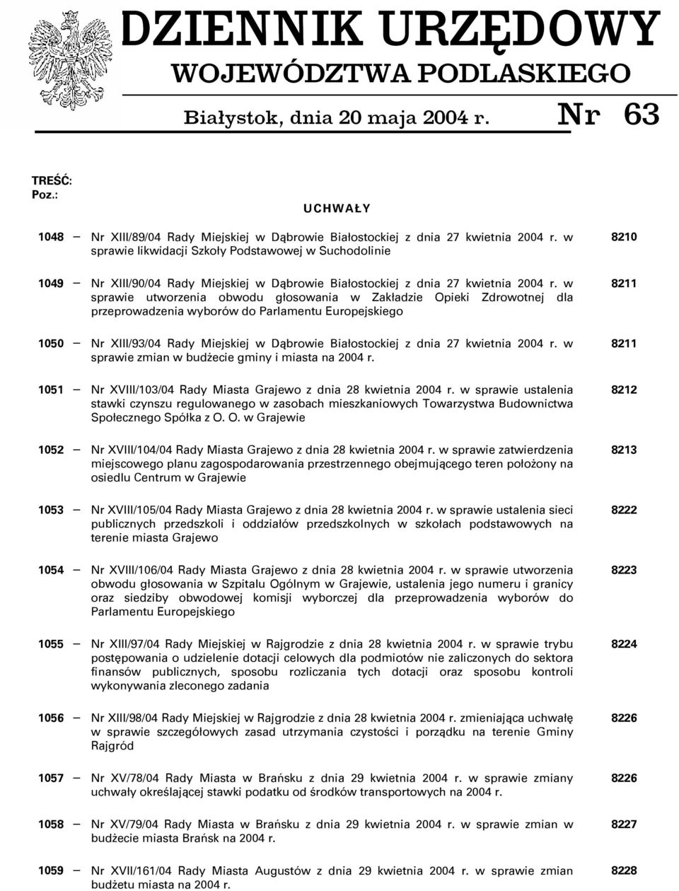 w sprawie utworzenia obwodu głosowania w Zakładzie Opieki Zdrowotnej dla przeprowadzenia wyborów do Parlamentu Europejskiego 1050 Nr XIII/93/04 Rady Miejskiej w Dąbrowie Białostockiej z dnia 27